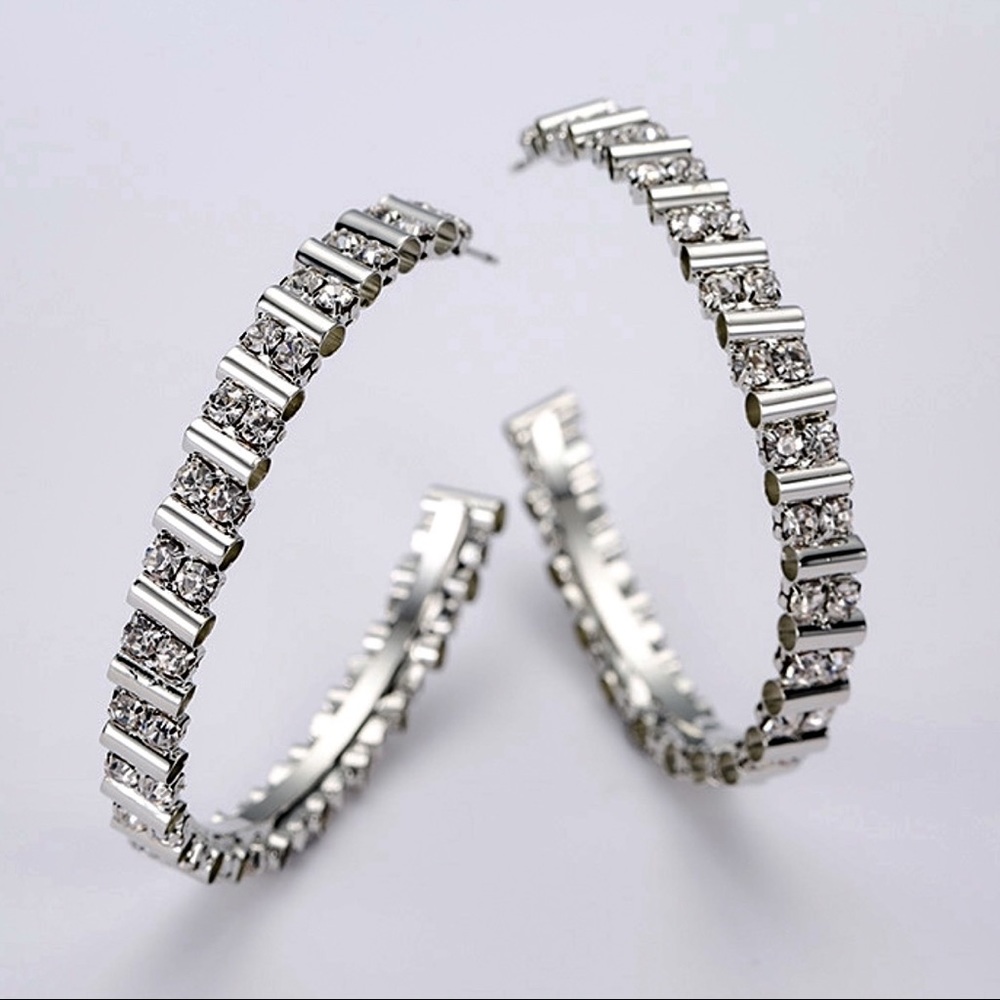 Silver & Crystal Stud Hoop Earrings - Picture 2 of 7